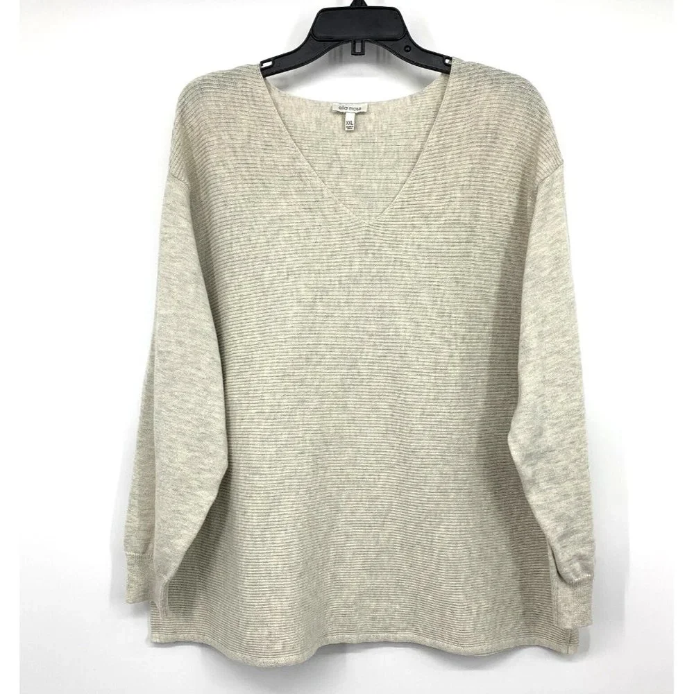 Ella Moss Sweater Beige Gray Ribbed V Neck Pullover Long Sleeve